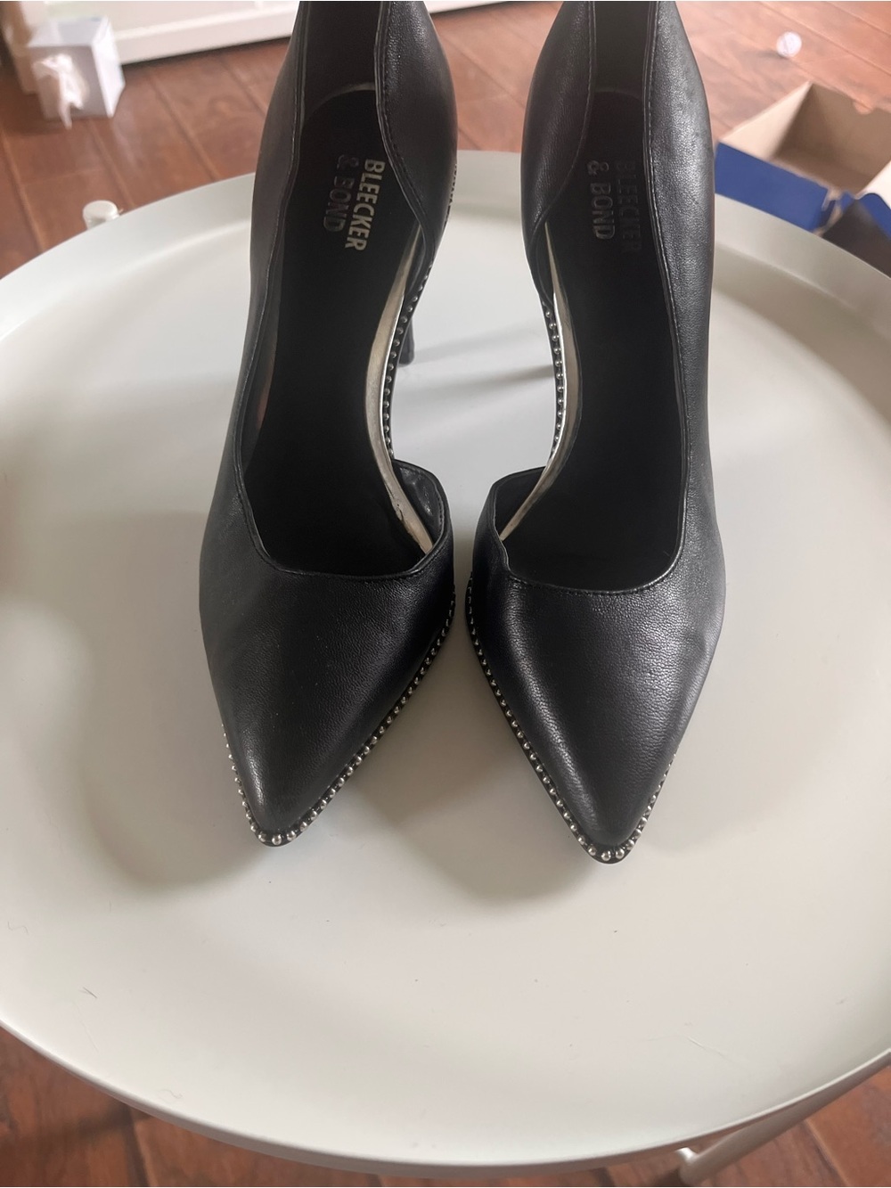 Bleecker & Bond Black Pointed Leather Heels with Stud Accents